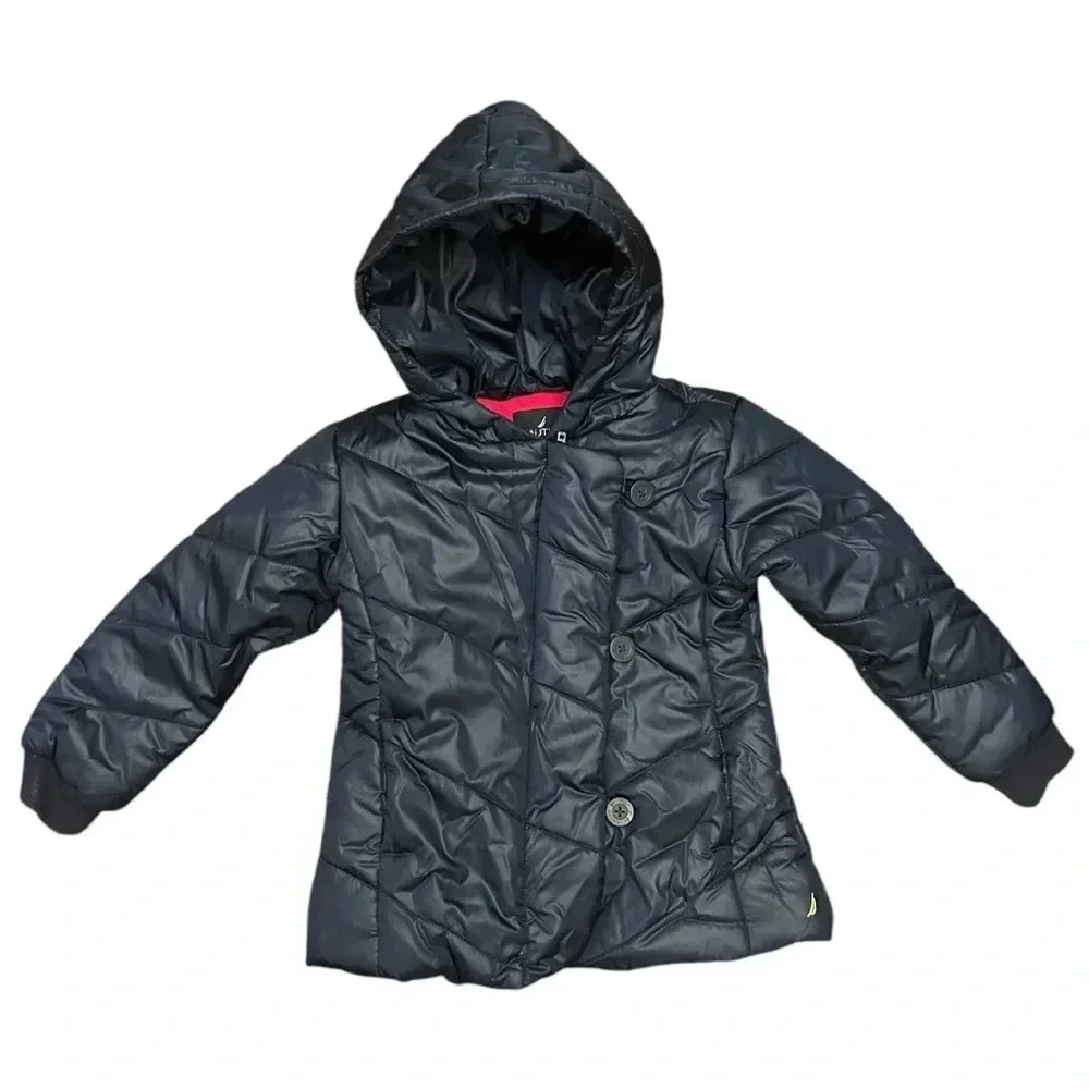 Nautica girls’ hooded quilted puffer jacket fleece lining navy blue big button